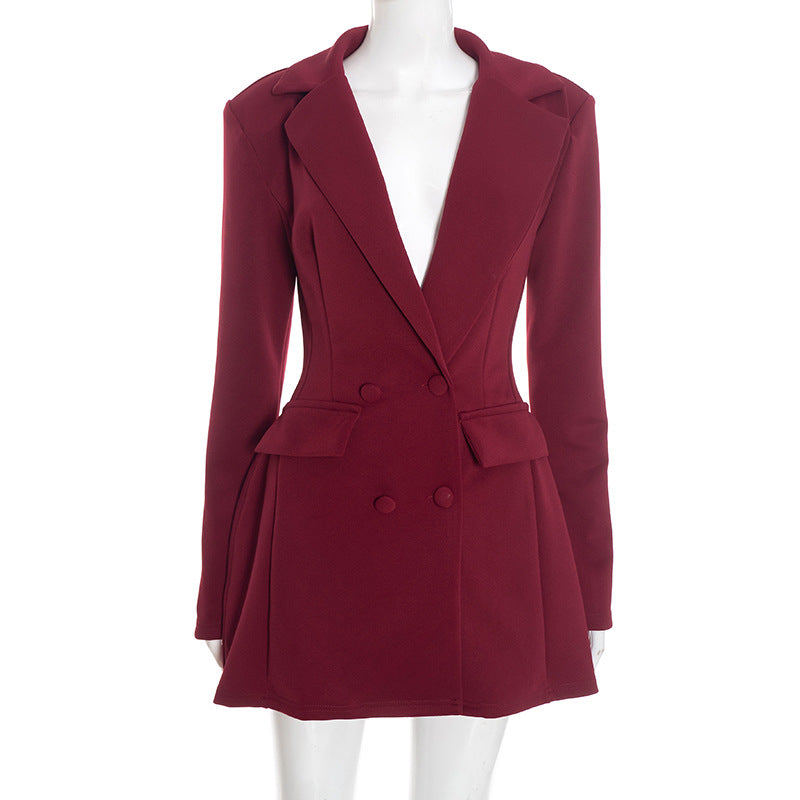 D25DS420 European and American women's clothing autumn new solid color casual slim fit suit long sleeve Bud faux pocket dress