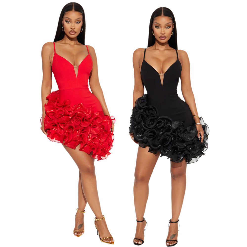 CY901550 Europe and America cross border new fashion sexy sling solid color flounce irregular dress skirt
