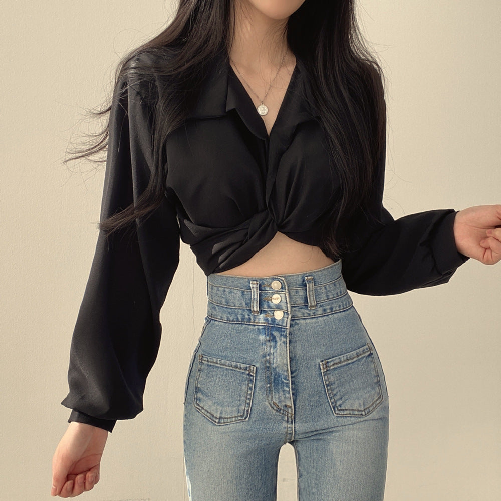 Summer Korean new French minority design back lace-up butterfly Dew navel short shirt top for women
