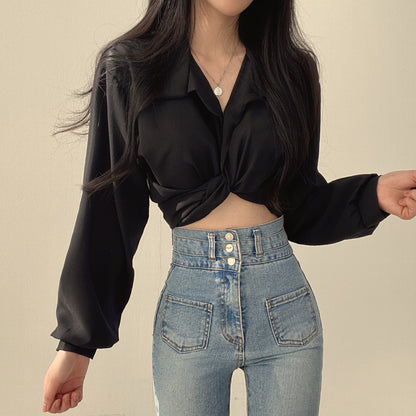 Summer Korean new French minority design back lace-up butterfly Dew navel short shirt top for women