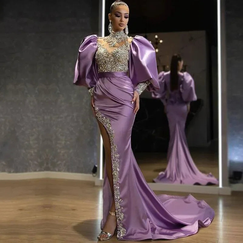2025 new Europe and America cross border Amazon dress Princess sleeves sheath dress trailing gold elegant evening dress