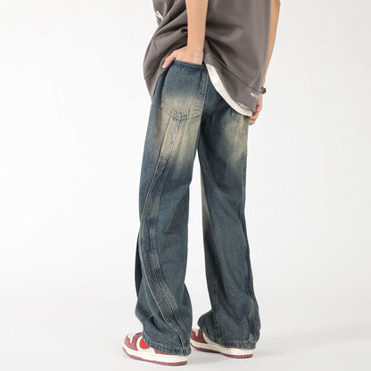 LKTM men's# American-style high-grade stitching jeans men's loose high street wide leg smooth straight-leg trousers