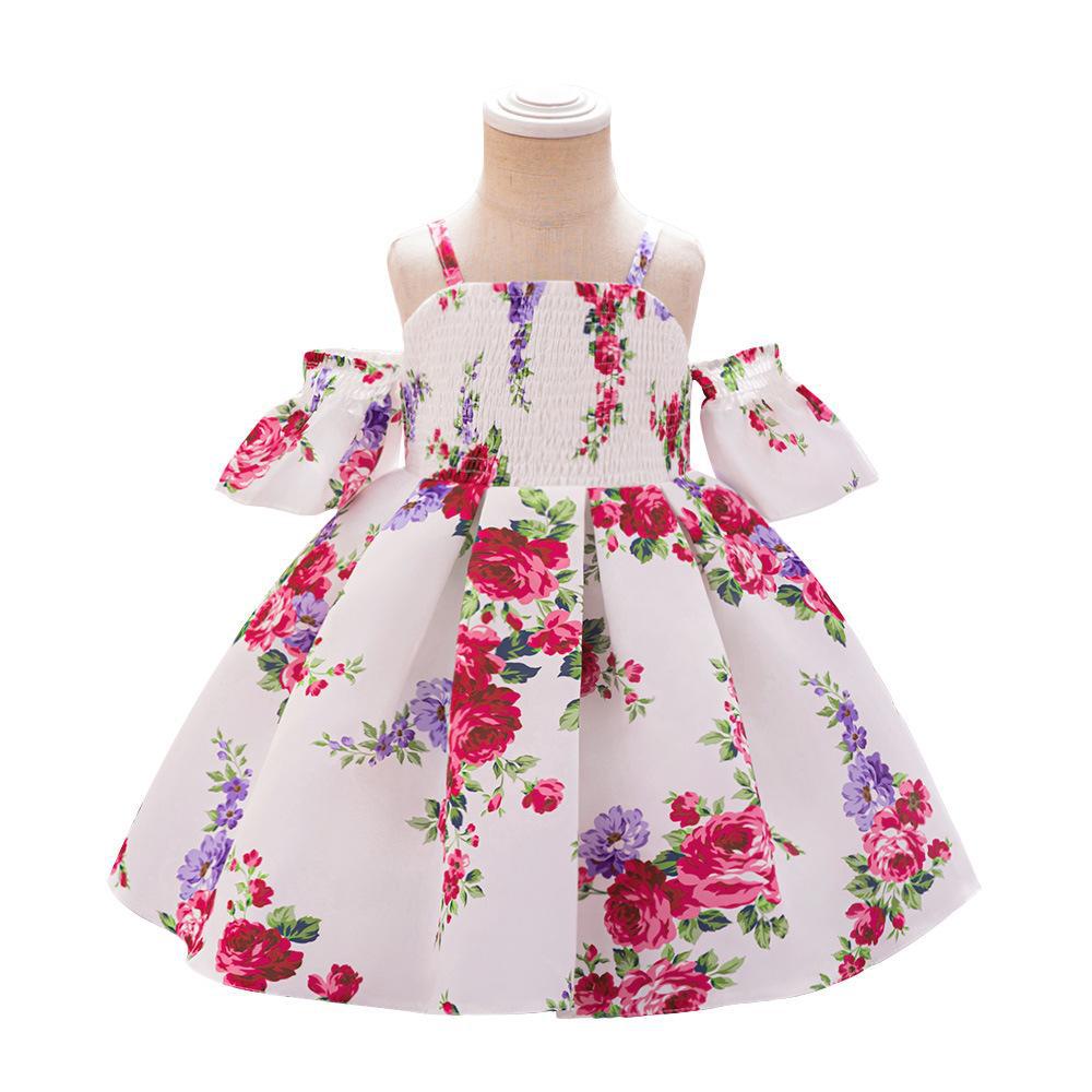 Cross-border new arrival girls' princess dress children's printed dress one year old Celebration dress summer off-the-shoulder dress satin long dress
