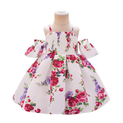 Cross-border new arrival girls' princess dress children's printed dress one year old Celebration dress summer off-the-shoulder dress satin long dress