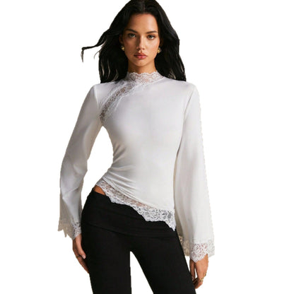 Polyester Women's Slim-Fit Long-Sleeve Lace-Panel Top With Flared Sleeves