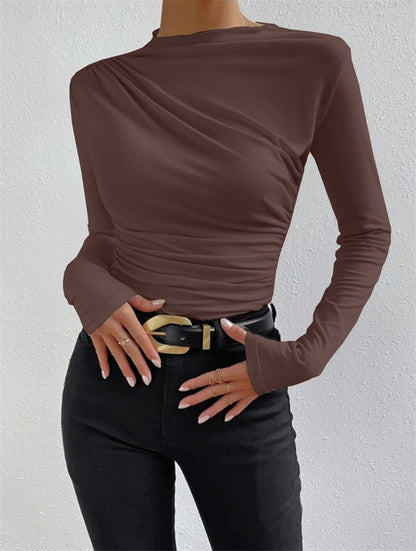 Cross-border 2025 European and American solid color slim bottoming shirt versatile pleated design long sleeve T-shirt women's top