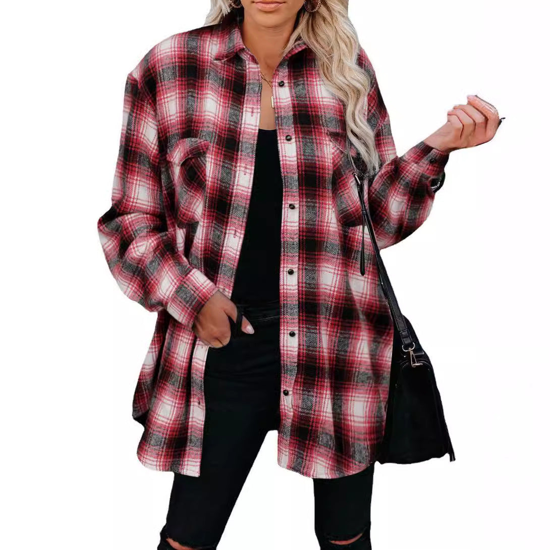 European and American women's clothing autumn and winter New Plaid women's shirt 2025 Amazon mid-length loose lapels cardigan shirt