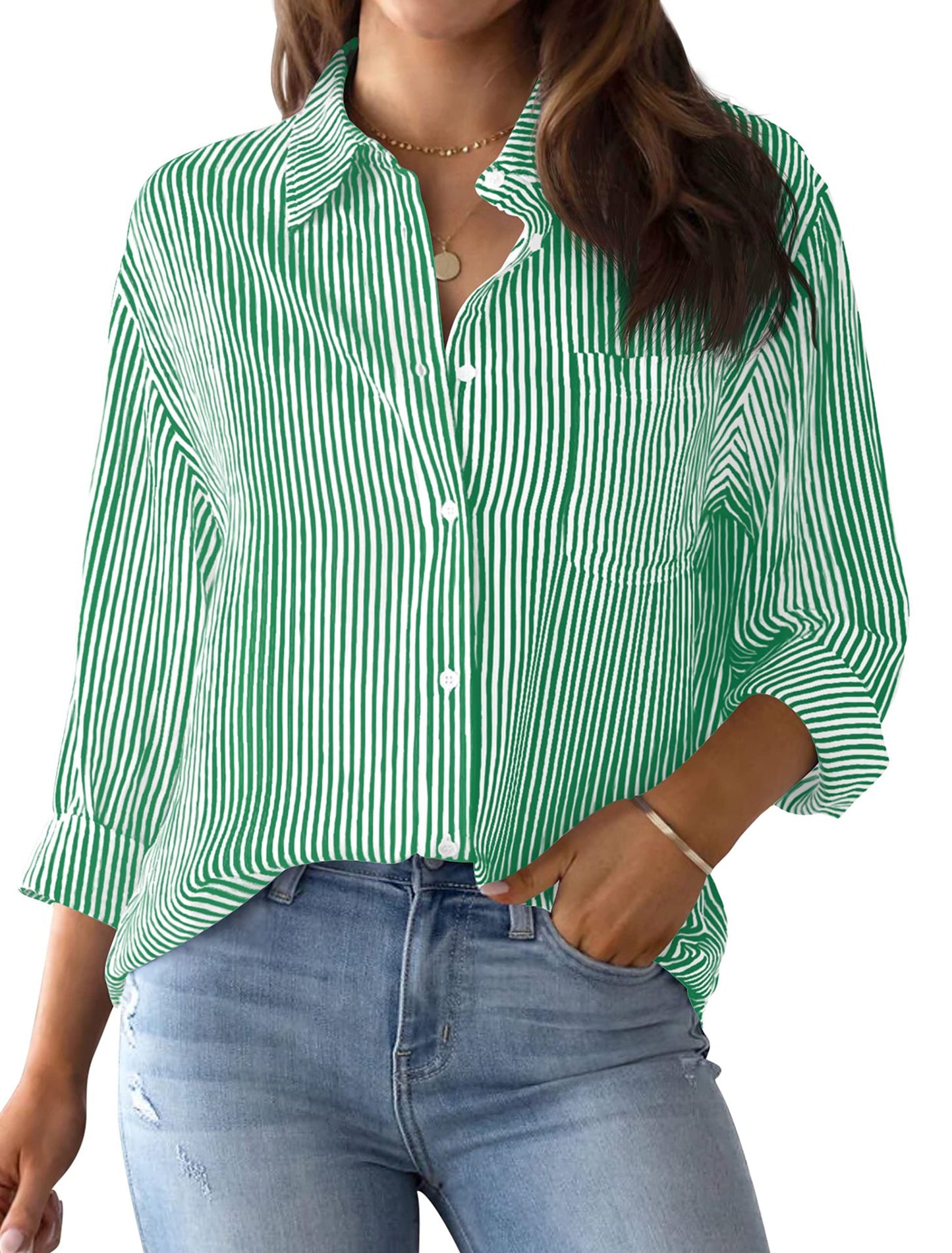 Women's button-down shirt striped classic long sleeve collar office work shirt top with pockets