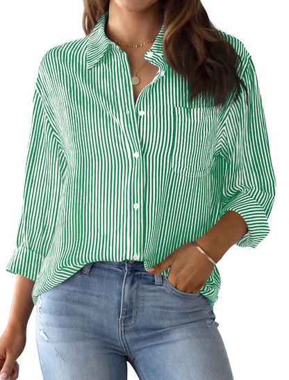 Women's button-down shirt striped classic long sleeve collar office work shirt top with pockets