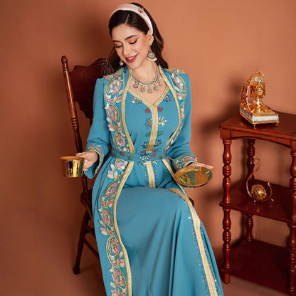 Kanten borduurwek V-hals jurk met riem