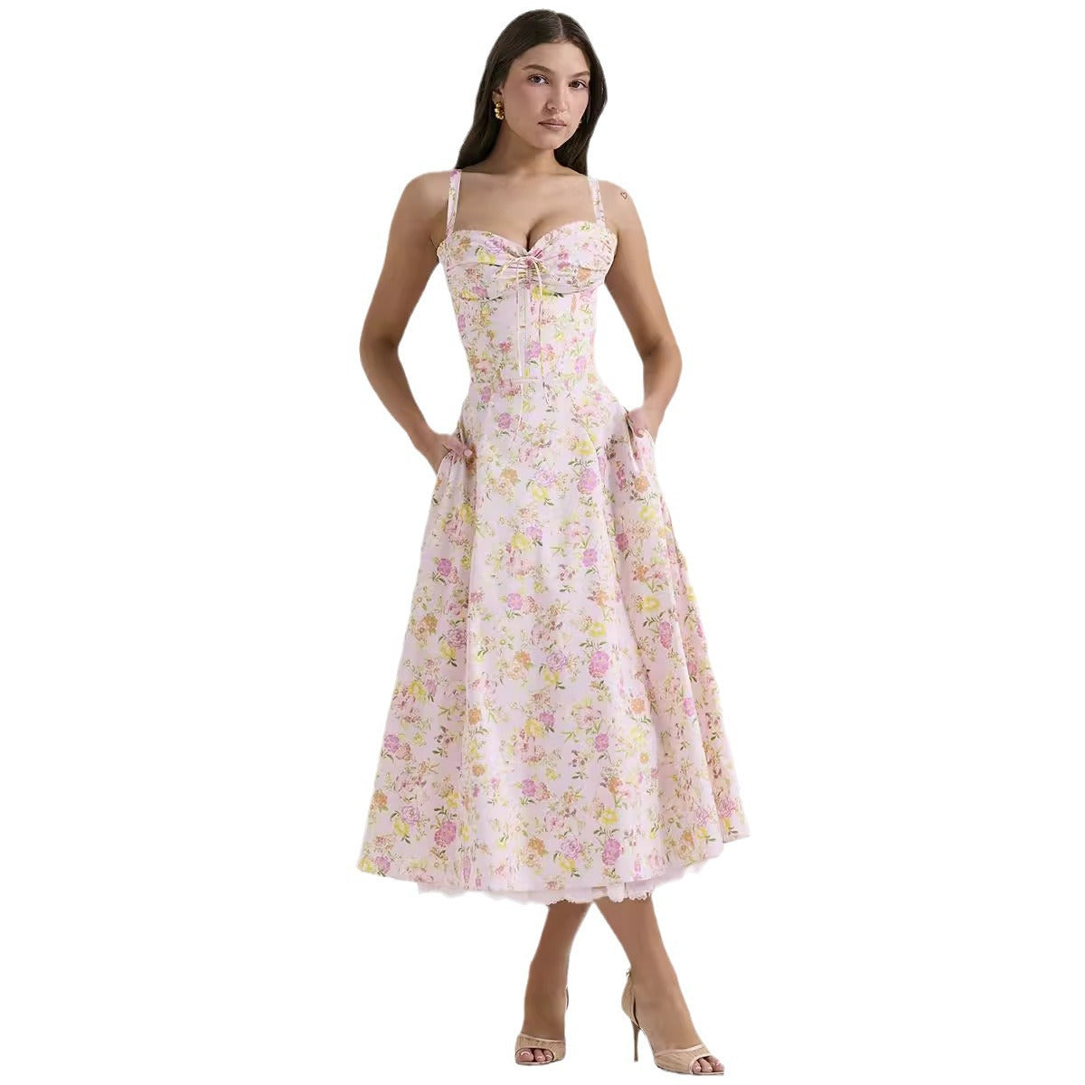 Europe and America cross border elegant floral series French summer strap gentle dress slimming floral strap dress