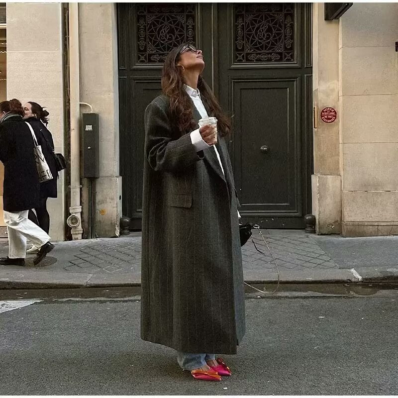 Cross-border women's clothing 2025 Spring and Autumn new European and American style plus size loose casual long striped knitted trench coat for women