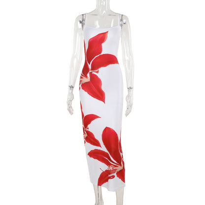 JY24198 suspender flower printed sexy dress 2024 Summer new hot girl backless slim fit long dress for women