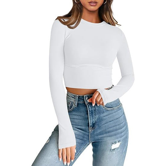 European and American style women long sleeves cropped T-shirt autumn top fashion basic slim hot girl shirt milk Silk women's clothing