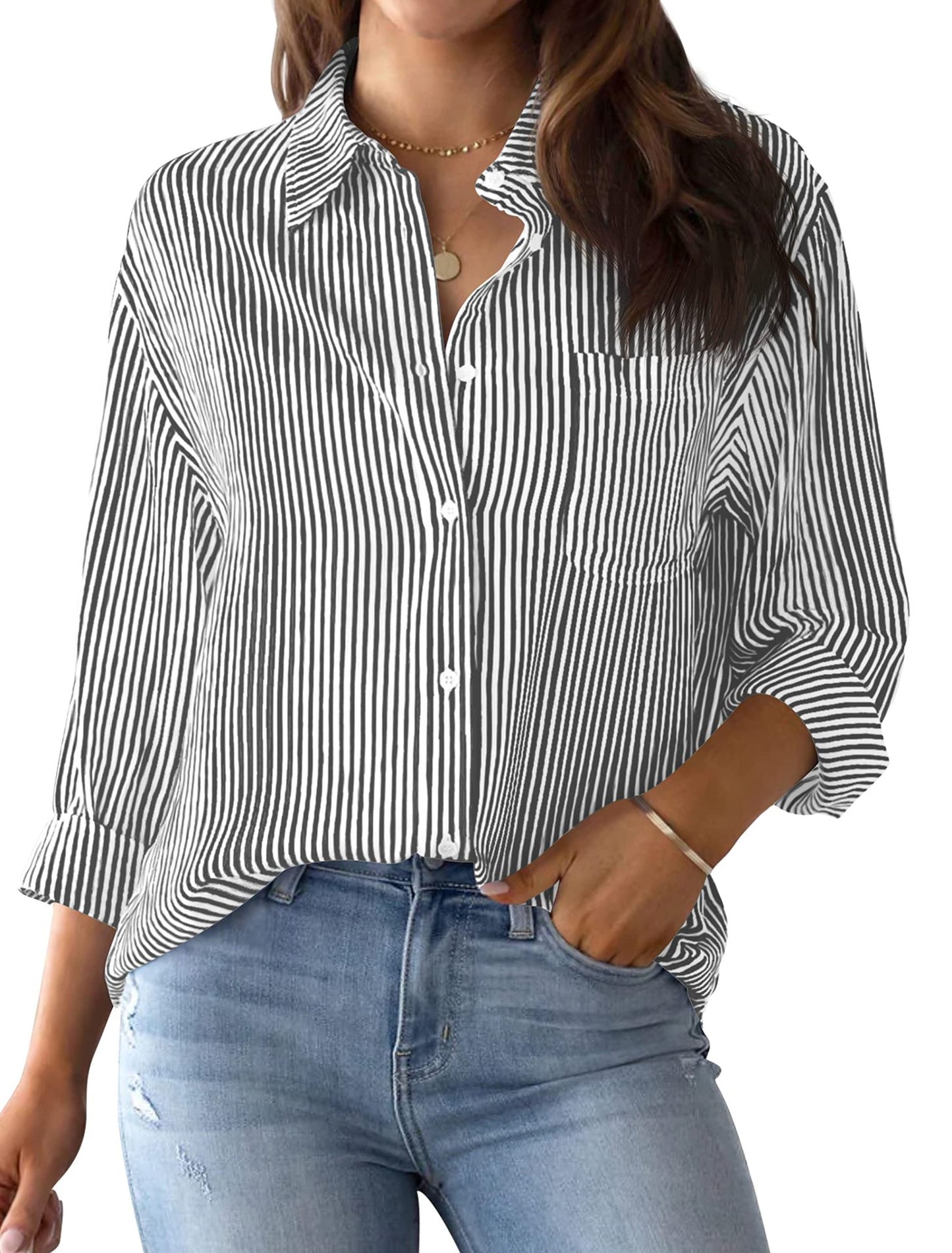 Women's button-down shirt striped classic long sleeve collar office work shirt top with pockets