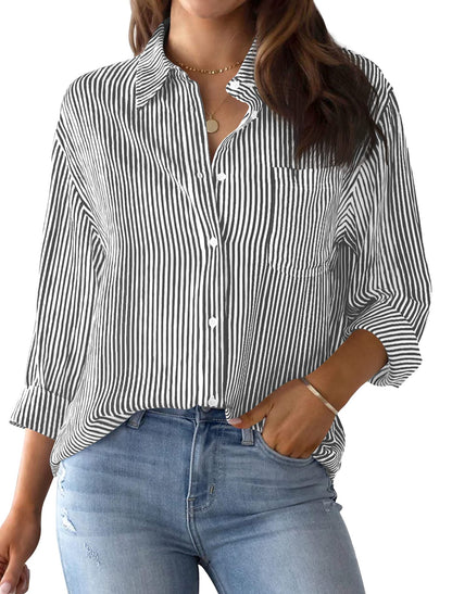 Women's button-down shirt striped classic long sleeve collar office work shirt top with pockets