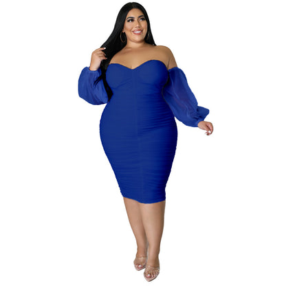 2022 European and American autumn New plus size women's clothing dress Amazon skinny mesh pleated long sleeve plus-size clothes