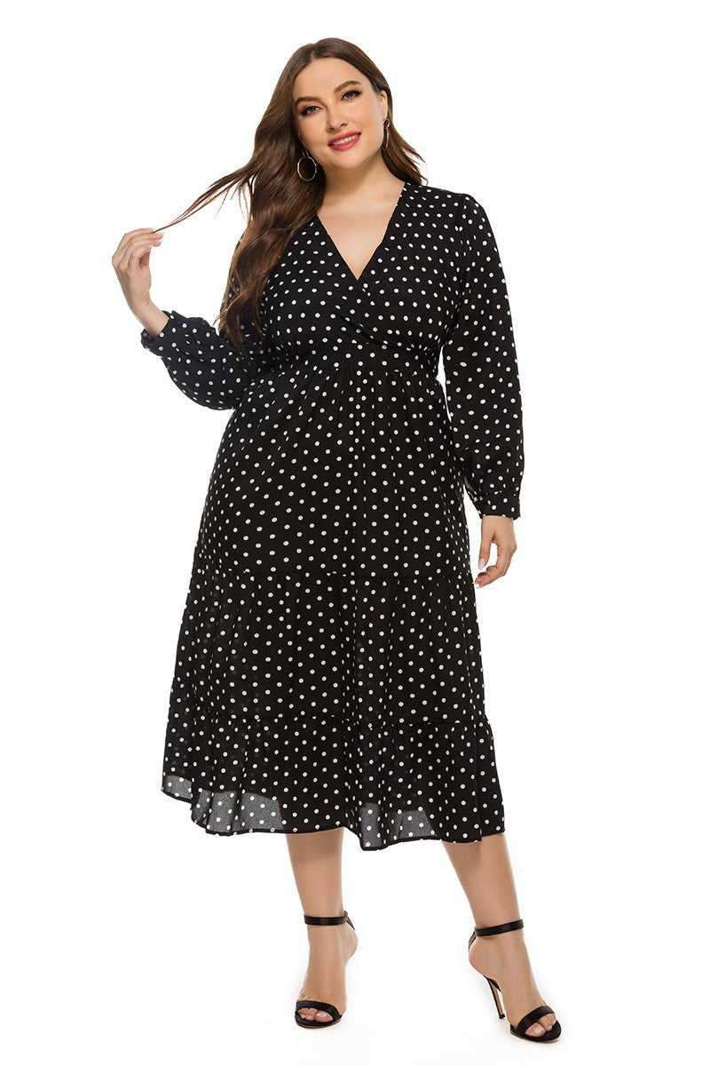 2025 real shot spring new European and American AliExpress stylish loose plus size women's V-neck long sleeve polka dot dress