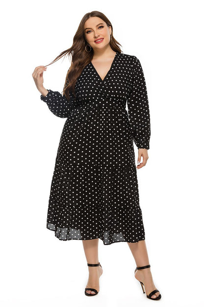 2025 real shot spring new European and American AliExpress stylish loose plus size women's V-neck long sleeve polka dot dress