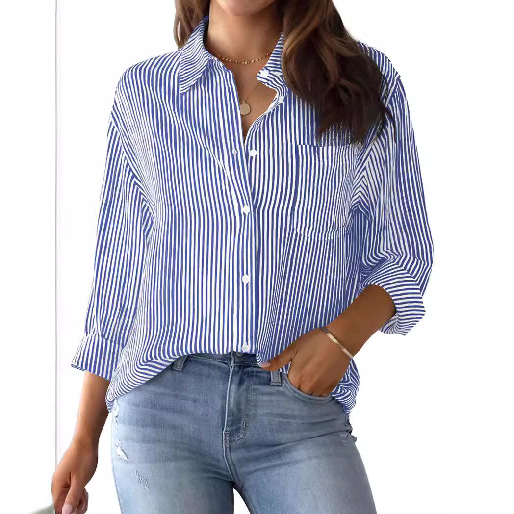 Women's button-down shirt striped classic long sleeve collar office work shirt top with pockets
