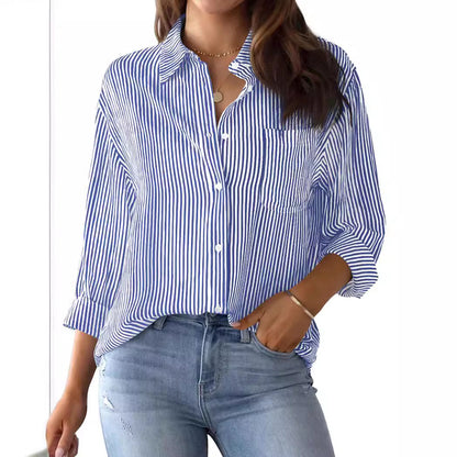 Women's button-down shirt striped classic long sleeve collar office work shirt top with pockets