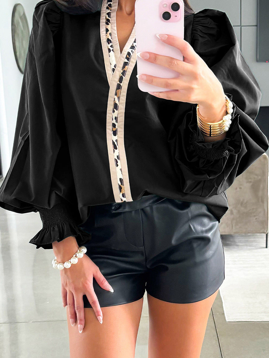 Europe and America cross border fashion loose printed pullover for women 2025 autumn and winter New contrast color V-neck long sleeve chiffon shirt for women