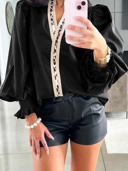 Europe and America cross border fashion loose printed pullover for women 2025 autumn and winter New contrast color V-neck long sleeve chiffon shirt for women