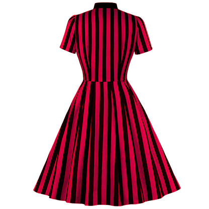 Women's striped printed tie collar pocket vintage skirt button shirt dress Halloween stage performance wear