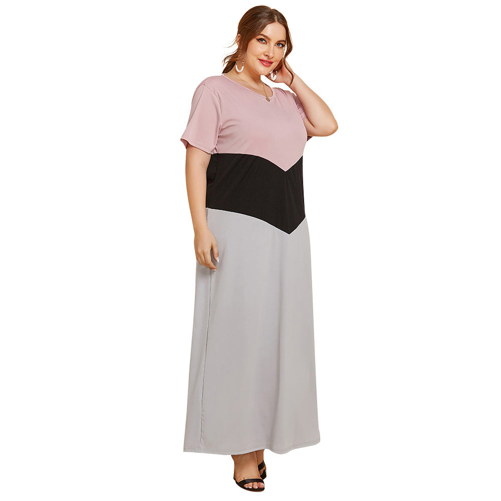 Spring and Summer new 2025 plus size women's clothing simple color matching long dress loose slimming short sleeve dress JR112