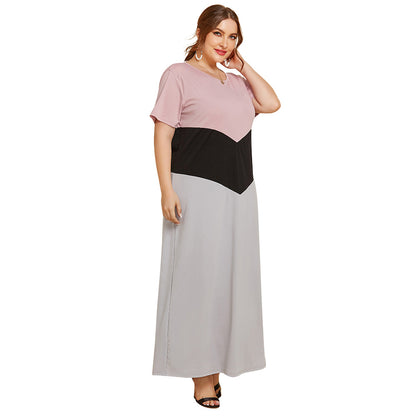 Spring and Summer new 2025 plus size women's clothing simple color matching long dress loose slimming short sleeve dress JR112
