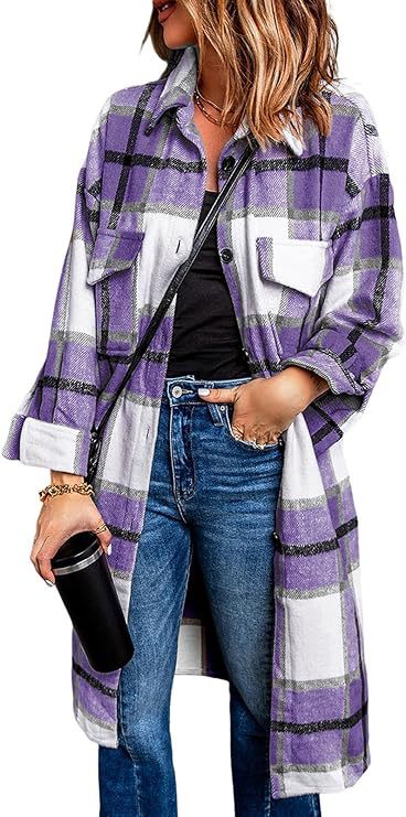 Women's 2024 mid-length plaid jacket long sleeve button shirt fashion Winter brushed woolen dress and coat