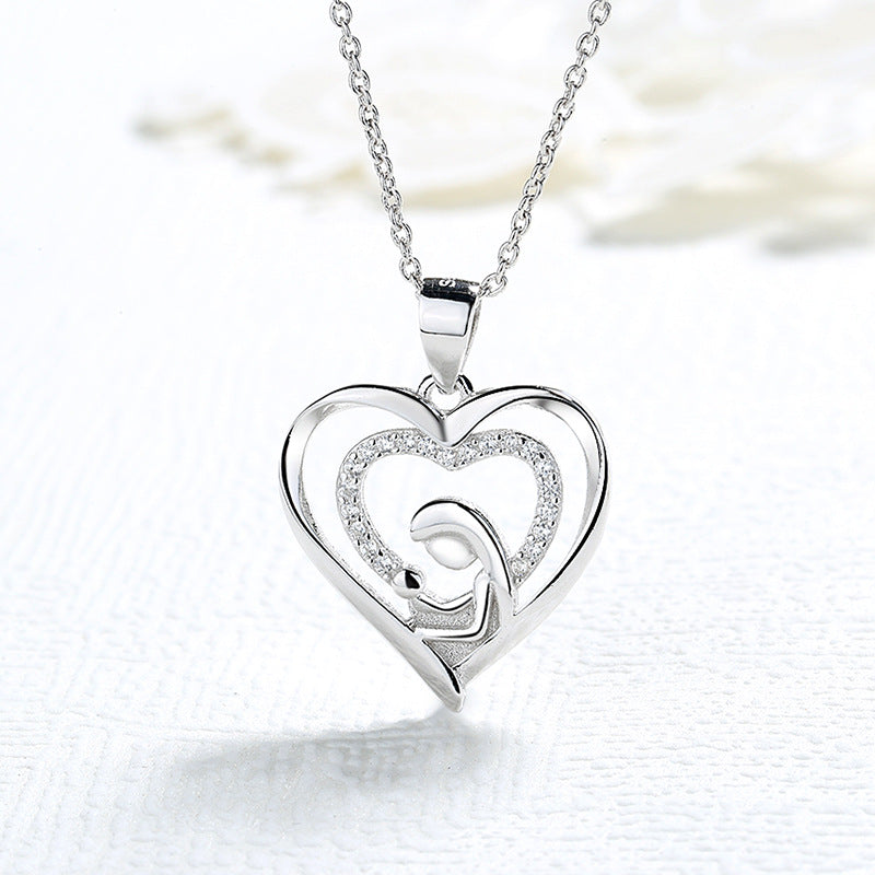 925 sterling silver mother and child hug necklace female with Hearts pendant clavicle chain versatile High Sense Mother's Day gifts for moms