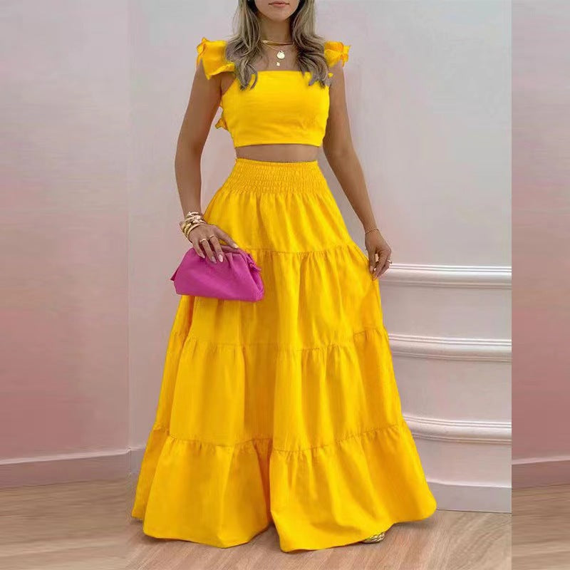 2024 Summer European and American Amazon cross-border new arrival temperament sexy backless solid color two-piece sling maxi dress