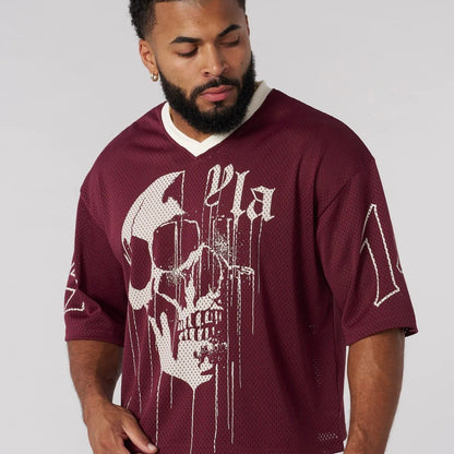 YOUNGLA American fashion brand oversized T-shirt men's exercise workout quick-drying breathable large mesh printed short-sleeved top