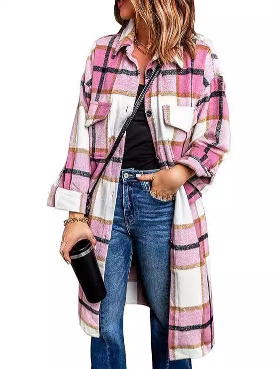 Women's 2024 mid-length plaid jacket long sleeve button shirt fashion Winter brushed woolen dress and coat