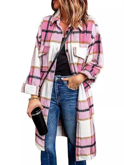 Women's 2024 mid-length plaid jacket long sleeve button shirt fashion Winter brushed woolen dress and coat