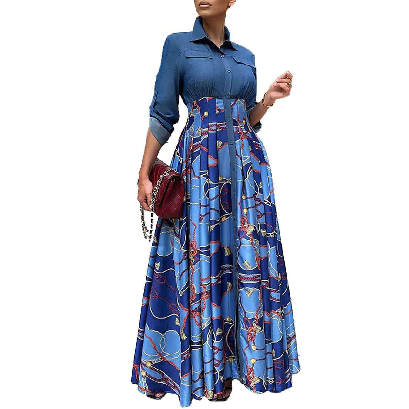 European plus size denim patchwork print dress