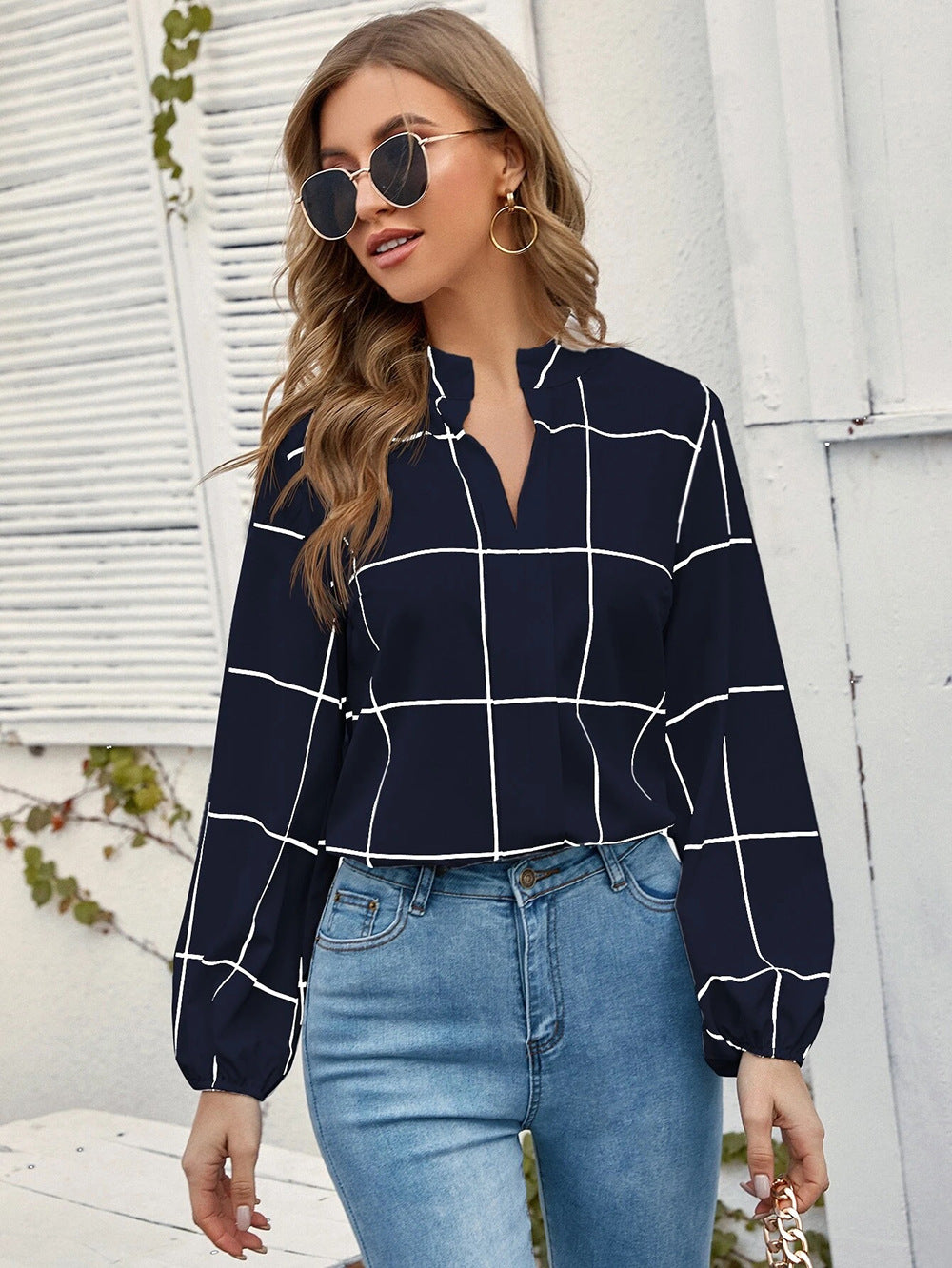 Amazon Autumn Stand Collar Long Sleeve Plaid Print Chiffon Women's Shirt |blouses,tops