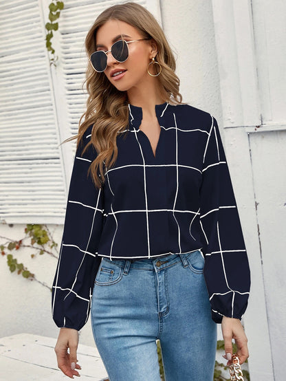 Amazon Autumn Stand Collar Long Sleeve Plaid Print Chiffon Women's Shirt |blouses,tops