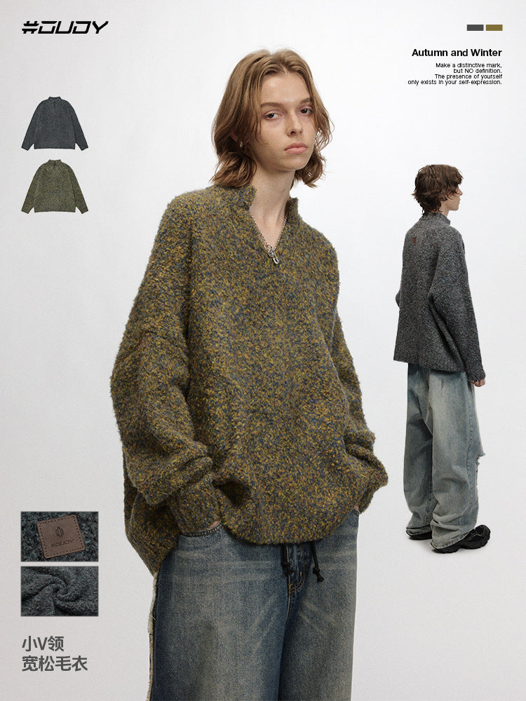 # OVDY autumn and winter knitted sweater idle style new pure color simple American small V-neck loose sweater