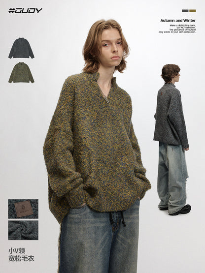# OVDY autumn and winter knitted sweater idle style new pure color simple American small V-neck loose sweater