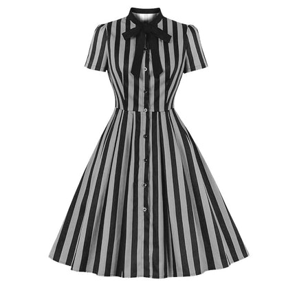 Women's striped printed tie collar pocket vintage skirt button shirt dress Halloween stage performance wear