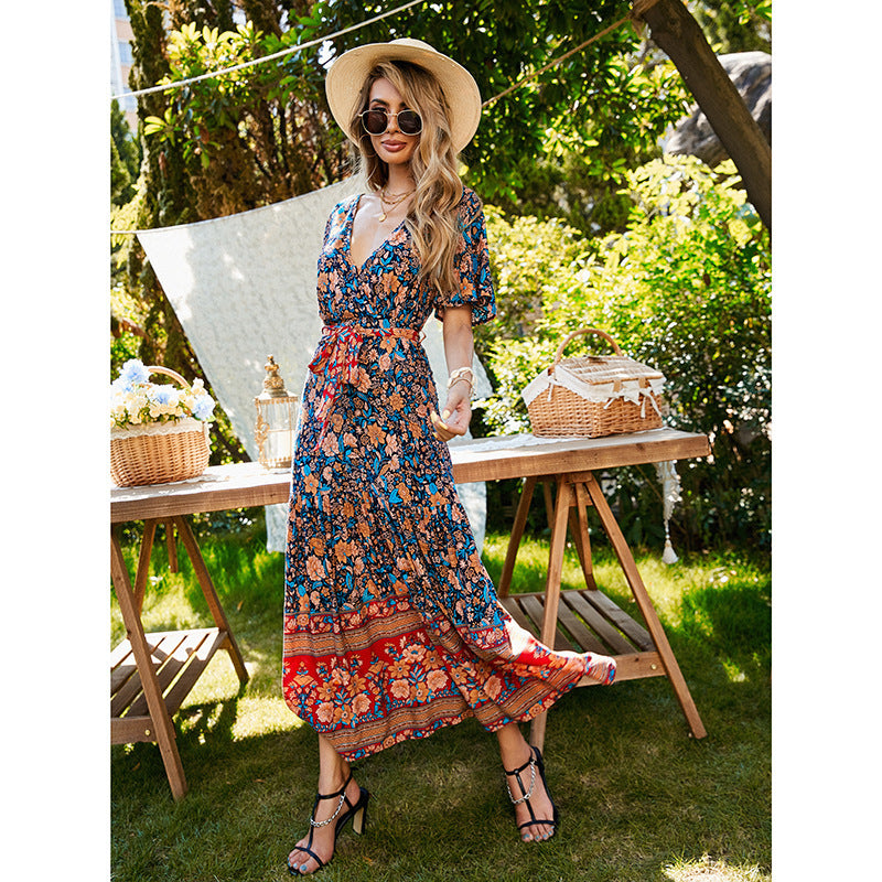 Bohemian Summer V-Neck Tie Dress