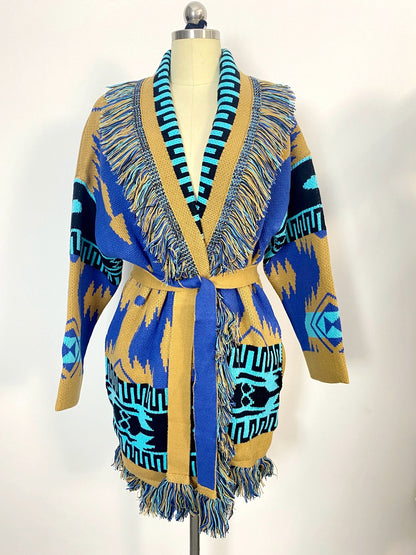 Gebreide vest met print franjes ceintuur en lange mouwen van wolmix