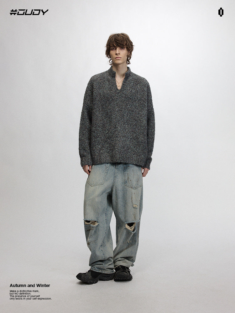 # OVDY autumn and winter knitted sweater idle style new pure color simple American small V-neck loose sweater