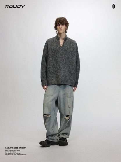# OVDY autumn and winter knitted sweater idle style new pure color simple American small V-neck loose sweater