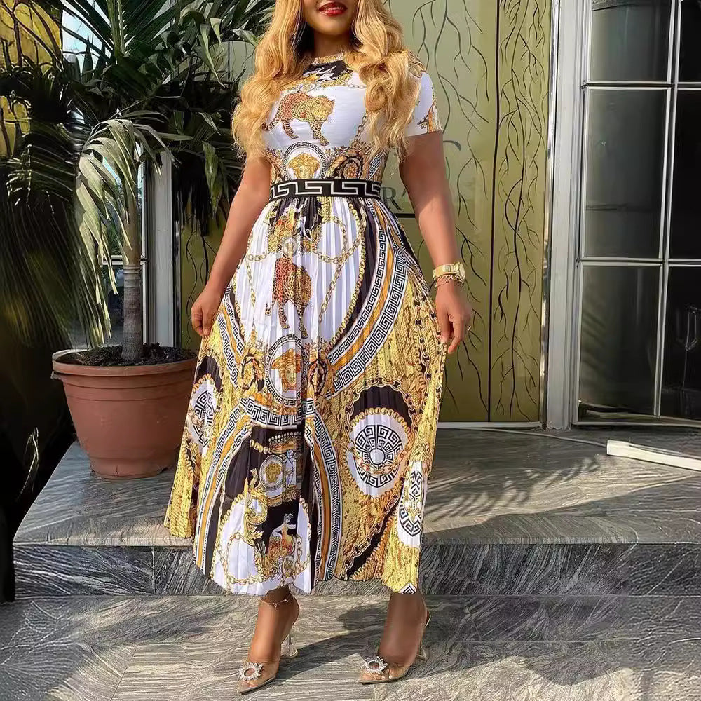 African Plus Size High Waist Short Sleeve Print Pleated Dress