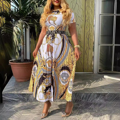 African Plus Size High Waist Short Sleeve Print Pleated Dress
