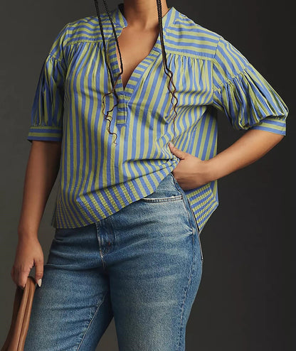 European and American Women's Casual Shirt New Style Striped V-Neck Top |tops