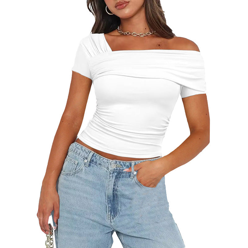 Amazon cross-border foreign trade Women's One shoulder short sleeve shirt pleated T-shirt y2g solid color slim shirt